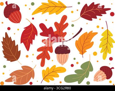 Handgezeichneter Satz von Eicheln und Blättern in verschiedenen Farben. Farbenfrohe Herbst-Kollektion. Herbst-ClipArt für Design, Vektorelemente Stock Vektor