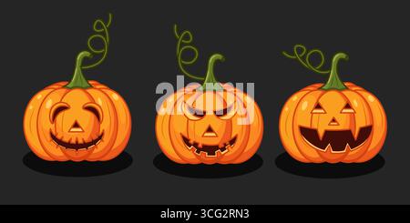 Drei Halloween Kürbisse mit verschiedenen Ausdrücken Vektor Illustration Cartoon Design Stock Vektor