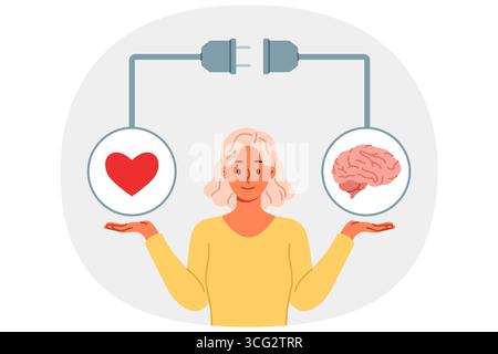Die Frau versucht, das Gleichgewicht zwischen Gefühlen und Intellekt zu erreichen, indem sie Herz und Gehirn in der Hand hält Stock Vektor