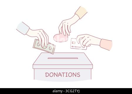 Spendenbox und Wohltätigkeitskonzept. Menschliche Hände setzen Geld Bargeld Liebe und Herz zu Spende Box zusammen helfen dabei, wohltätige Vektor Illustration Stock Vektor
