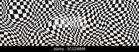 Kniffliges, spiralförmiges Schachbrett. Retro-psychedelische Hintergründe. Wellige, groovige Schachbrettfläche. Verzerrtes optisches Muster Stock Vektor
