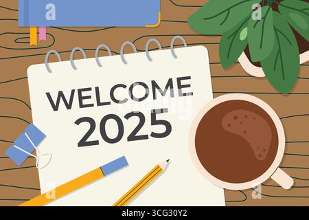 Welcome 2025 in Spiralnotizbuch geschrieben; eignet sich perfekt für Marketingkampagnen zum Thema Neujahr, Beiträge in sozialen Medien oder Unternehmensgrüße – Vektorlicht Stock Vektor