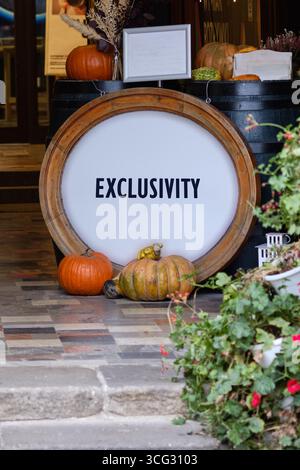 Eigenkapital, Vielfalt, EXKLUSIVITÄT. Kopierbereich. EXKLUSIVES Wort auf lebendiger Herbstpräsentation mit bunten Kürbissen und rustikalem Dekor. Stockfoto