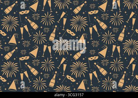 Nahtloses Silvester-goldenes Muster mit Champagnerflasche, Gläsern, Feuerwerk, Partyhut und Maske - Vektor-Illustration Stock Vektor