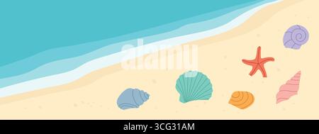 Sommerbanner tropischer Strand und farbenfrohe Muscheln; perfekt für Urlaubsgrafiken, Reiseangebote oder saisonale Marketingmaterialien Stock Vektor
