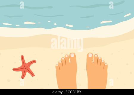Weibliche Füße am tropischen Strand und Sternenfische, Blick von oben; perfekt für Sommermotive, Werbeaktionen von Reisebüros oder Posts in sozialen Medien, die an einen erinnern Stock Vektor
