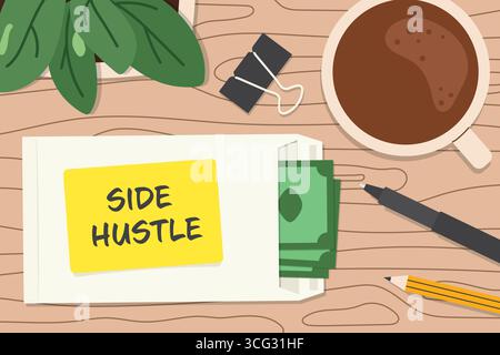 Mit Bargeld gefüllter Umschlag, der mit Side Hustle gekennzeichnet ist, symbolisiert zusätzliches Einkommen, freiberufliche Arbeit oder passives Einkommen, perfekt für Unternehmen, Finanzwesen oder Entrep Stock Vektor