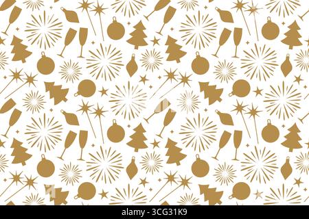 Nahtlose weihnachten, Silvester goldenes Muster mit Sektgläsern, Feuerwerk, Funkeln, Kugeln und Sternen - Vektorillustration Stock Vektor