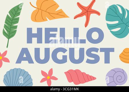 hallo august Text mit Palmblättern, Blumen, Muscheln und Seesternen-Ikonen - Vektor-Illustration Stock Vektor