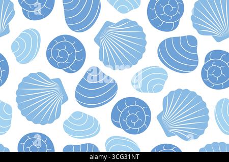 Nahtloses blaues Sommermuster von Muscheln, ideal für Sommerkleidung, Heimdekor-Artikel, Tapeten, Verpackungs-Vektor-Illustration Stock Vektor