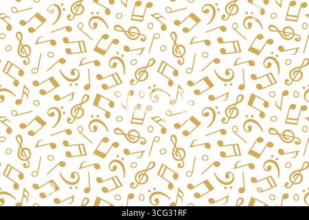 Nahtloses goldenes Muster mit Musiknoten, Bässen und Höhen; ideal für Musikmotive – Vektorillustration Stock Vektor