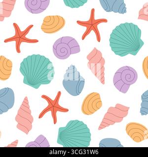 Nahtloses Sommermuster von Muscheln und Seesternen, ideal für Sommerkleidung, Wohnaccessoires, Tapeten, Verpackungs-Vektor-Illustration Stock Vektor