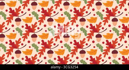 Kuscheliges, nahtloses Muster in Herbststimmung. Farbenfrohes Laub und Eicheln auf warmem beigem Hintergrund. Herbstatmosphäre für Textilien und Papier Stock Vektor