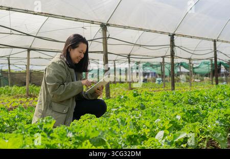 Landarbeiterin mit digitalem Tablet im Gewächshaus. Seitenansicht, Kopierraum. Steuerung des Anlagenkonzepts. Stockfoto