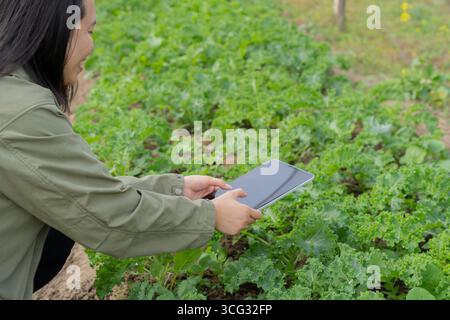 Seitenansicht einer Farmerin mit digitalem Tablet bei der Arbeit auf einem Bio-Bauernhof. Bio-Farm-Konzept. Stockfoto