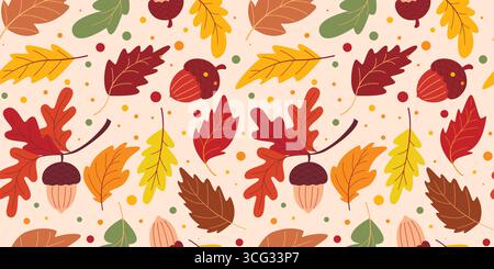 Herbstfarbenes Laub und Eicheln auf warmem Hintergrund. Bequemes, nahtloses Muster in Herbststimmung. Herbstatmosphäre für Textilien, Papier, Verpackungen Stock Vektor