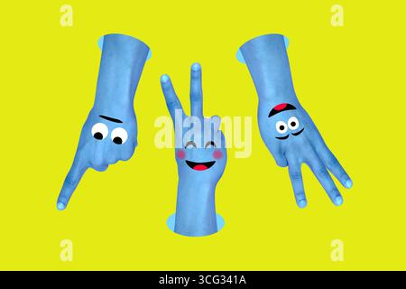 Bild voller Pop Trend Collage menschlicher Hände Richtung Friedensgeste zählen zwei drei Emoji Cartoon Social Media Icon Stockfoto
