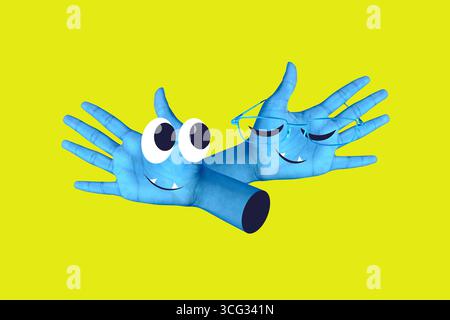 Trendiges 3D Poster Bild Foto Collage von Hand Show Emoji sprechen Geste zeigt Symbol Smiley Kommunikation gefälschte Nachrichten Propaganda Stockfoto