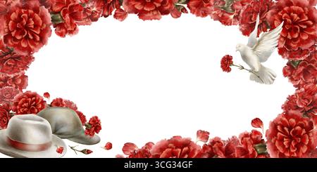 Rote Nelken Blumen im rechteckigen Rahmen mit Symbolen der portugiesischen Revolution 1974: Hoch aufragende Taube, Militärmütze und ziviler Filzhut. Aquarell Stockfoto