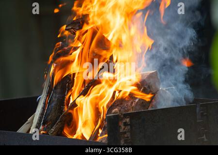 Blick aus nächster Nähe in den Grill auf brennendem offenem Feuer mit roter Flamme, heißen Holzkohlebriketts und Glut. Abstrakter Hintergrund und natürliche Textur Stockfoto