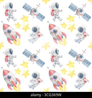 Astronauten, Raketen, gelbe Sterne und Monde in einem nahtlosen Muster mit Aquarellabbildungen, perfekt für Textilien im Kinderzimmer, Geschenkpapier, Schreibwaren und Geburtstagskleidung für Kinder. Stockfoto