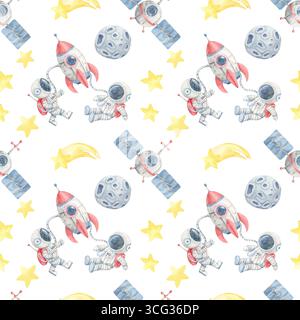 Satelliten, Monde, Raketen und Astronauten in einem nahtlosen Clipart-Muster in Aquarellfarben, perfekt zum Basteln von Kinderbuchseiten, Kissendrucken, Wandaufklebern und lehrreichen Dekorationsgegenständen. Stockfoto