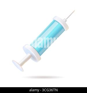 Eine blau-weiße Spritze mit einer Nadel wird auf einem makellos weißen Hintergrund platziert, wodurch ein scharfer Farbkontrast entsteht Stock Vektor