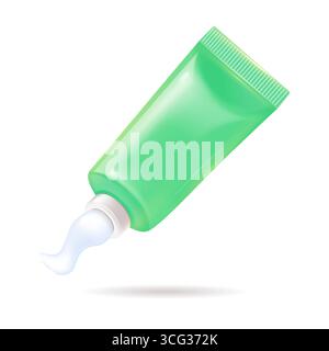 Eine leuchtend grüne Zahnpasta-Tube mit weißem Deckel, die auf einem sauberen und schlichten weißen Hintergrund für einen frischen Look steht Stock Vektor