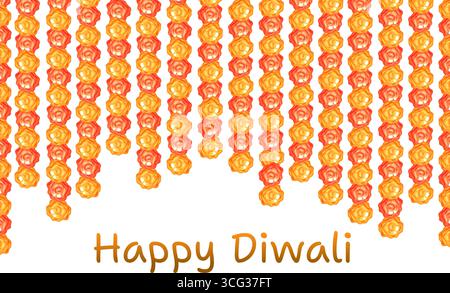 Festliche Happy Diwali-Karte mit Girlanden aus traditionellen indischen Blumengirlanden in leuchtendem Orange und Gelb, die auf einem weißen Hintergrund hängen. Dieses d Stock Vektor