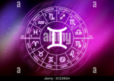 Sternzeichen Gemini. Gemini-Symbol auf blauem Hintergrund. Zodiac-Kreis auf einem dunkelblauen Hintergrund des Raumes. Astrologie. Kosmogramm. Zwölf Zeichen von Stockfoto