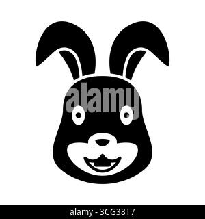 Minimalistische Schwarz-weiß-Vektor-Illustration eines glücklichen Kaninchens Gesicht. Das Design verfügt über einen abgerundeten Kopf, lange Ohren, große runde Augen und eine kleine Nase Stock Vektor