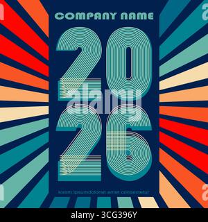 Retro-Cover-Hintergrund mit 2026 Zahlen in bunten Strahlen isoliert auf blauem Hintergrund. Grafik-Design-Vektor-Illustration für frohes neues Jahr Weihnachten Stock Vektor