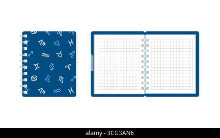 Notizbucheinband und offene Seiten in kariertem Muster auf weißem Hintergrund für Design Stock Vektor