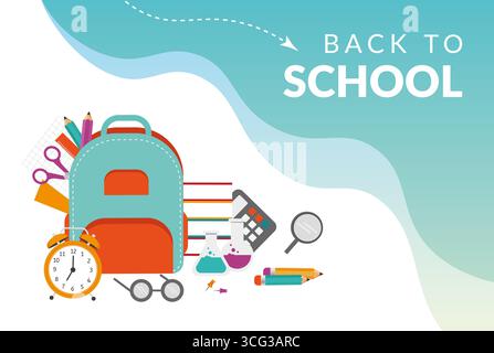 Back-to-School-Konzept. Banner für Schulbedarf. Rucksack, Bücher, Bleistifte, Lupe, Kugel, Illustration des Vektors des Taschenrechners Stock Vektor