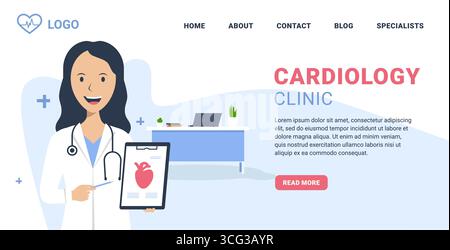Webbanner oder Landing-Page für Kardiologen. Eine Ärztin lächelt und hält ein Poster mit einem Herzbild. Abteilung für Kardiologie, Behandlung von Stock Vektor