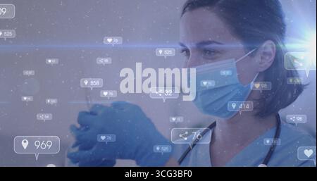 Vorbereitung des Arztes mit Maske, Handschuhen, Stethoskop-Greifspritze und Fläschchen in der Klinik, Kopierraum Stockfoto