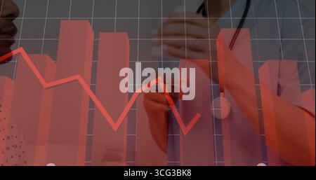 Gesten-Schwestern mit Peelings, Stethoskop mit Tablet in der Klinik, rotes Diagramm-Overlay, Kopierraum Stockfoto