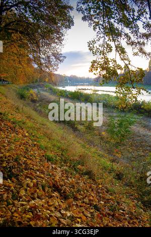 uschhorod, ukraine - 31. oktober 2009: fluss uzh bei Sonnenaufgang im Herbst. Wunderschöne Stadtlandschaft im Morgenlicht. Malerische Lindenallee in Herbstfarben. fall Stockfoto