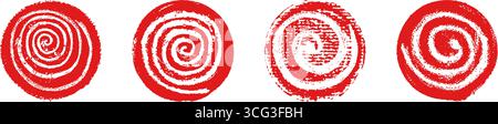 Japanische Sonne mit Spiralsymbol. Kreative Pinselkritzeleien mit Holzkohle- und Pastellfarben. Kollektion roter, runder spiralförmiger Elemente Stock Vektor