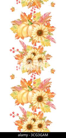 Nahtlose vertikale Aquarellgrenze mit handgezeichnetem Herbststrauß aus Sonnenblumenblättern und Kürbis. Stockfoto