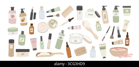 Schönheit und Spa Vektor Illustration Set mit natürlichen kosmetischen Produkten in Flaschen, Röhrchen für Make-up, Haut und Haarpflege auf weißem Hintergrund. Creme, Sha Stock Vektor