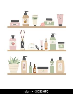 Organische kosmetische Produkte, die auf Regal in der Kosmetik-Speicher-flache Vektor-Illustration stehen. Creme, Badartikel, Spa-Accessoires, Hygieneartikel für die Haut Stock Vektor