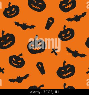 Nahtloses Halloween-Muster mit Kürbissen, Fledermaus und Kreuzen. Kürbis-Silhouetten mit Gesichtern auf orangem Hintergrund. Stock Vektor