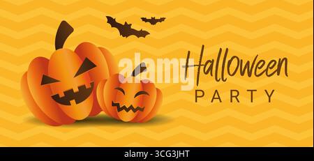 Zwei gruselige Kürbisse mit Gesichtern auf gelbem Hintergrund mit Fledermausabbildung. Halloween-Konzept, Banner mit Kopierraum. Stock Vektor