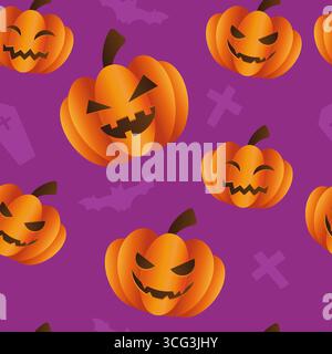 Nahtloses Halloween-Muster mit Kürbissen, Fledermaus und Kreuzen. Kürbis mit Gesichtern auf orangem Hintergrund. Stock Vektor