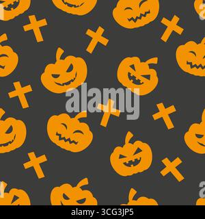 Nahtloses Halloween-Muster mit Kürbissen und Kreuzen. Kürbis-Silhouetten mit Gesichtern auf schwarzem Hintergrund. Halloween-Hintergrund Stock Vektor