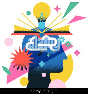 Vektor-flache Illustration der abstrakten menschlichen Kopf Silhouette mit offenem Buch, Gehirn und Glühbirne Symbol. Konzept von Wissen, Bildung, Lernen, cre Stock Vektor