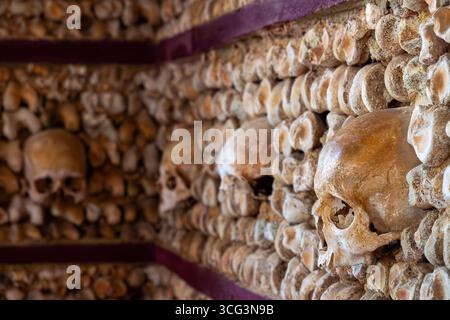 09.05.2017, Faro, Portugal: Innenansicht der Kapelle der Knochen (Capela dos Ossos) in Igreja do Carmo, mit menschlichen Schädeln und Knochen, die das schmücken Stockfoto