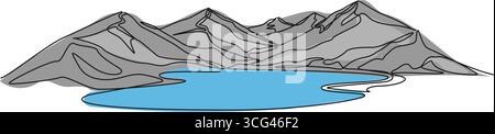 Durchgehende einzeilige Zeichnung der Berglandschaft mit See im Vordergrund, Linie Art Vektor Illustration Stock Vektor