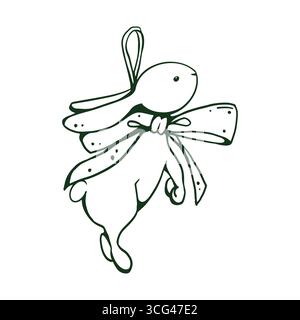 Illustration Retro Hase, Kaninchen, Weihnachtsbaumspielzeug. Vintage-Weihnachtsdekoration. Kaninchen mit Schleife, Kinderspielzeug. Weihnachtliche Einrichtung. Vektor-Monochrom-Illustration auf weißem Hintergrund. Stock Vektor